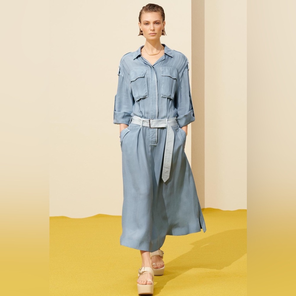ZARA Surplus Limited Shirt Maxi Flowy Dress w/ Belt Size M  $159 Blue NWT